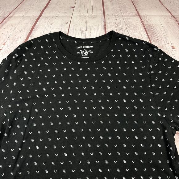 True Religion Shirt Mens XL Black All Over TR Horseshoe Logo Graphic Print Tee - Picture 1 of 9